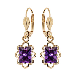 Boucles d\'oreille pendantes en plaqu or avec pierre carre violette serti et fermoir dormeuse - Vue 1