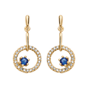 Boucles d\'oreille pendantes en plaqu or collection joaillerie anneau d\'oxydes blancs et pierre en verre bleu nuit et fermoir poussette - Vue 1