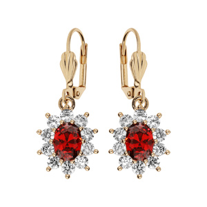 Boucles d\'oreille pendantes en plaqu or collection joaillerie avec pierre ronde rouge contour oxydes blancs sertis et fermoir dormeuse - Vue 1