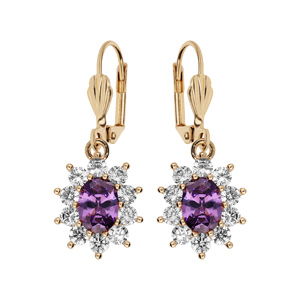 Boucles d\'oreille pendantes en plaqu or collection joaillerie avec pierre ronde violette contour oxydes blancs sertis et fermoir dormeuse - Vue 1