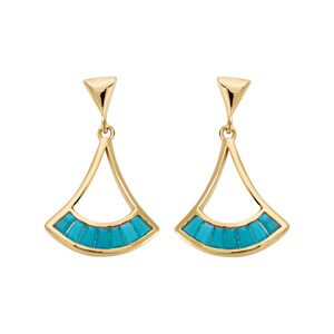 Boucles d\'oreille pendantes en plaqu or ventail couleur turquoise et fermoir poussette - Vue 1