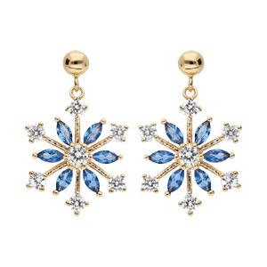 Boucles d\'oreille pendantes en plaqu or flocon de neige oxydes blancs sertis et navettes bleues et fermoir poussette - Vue 1