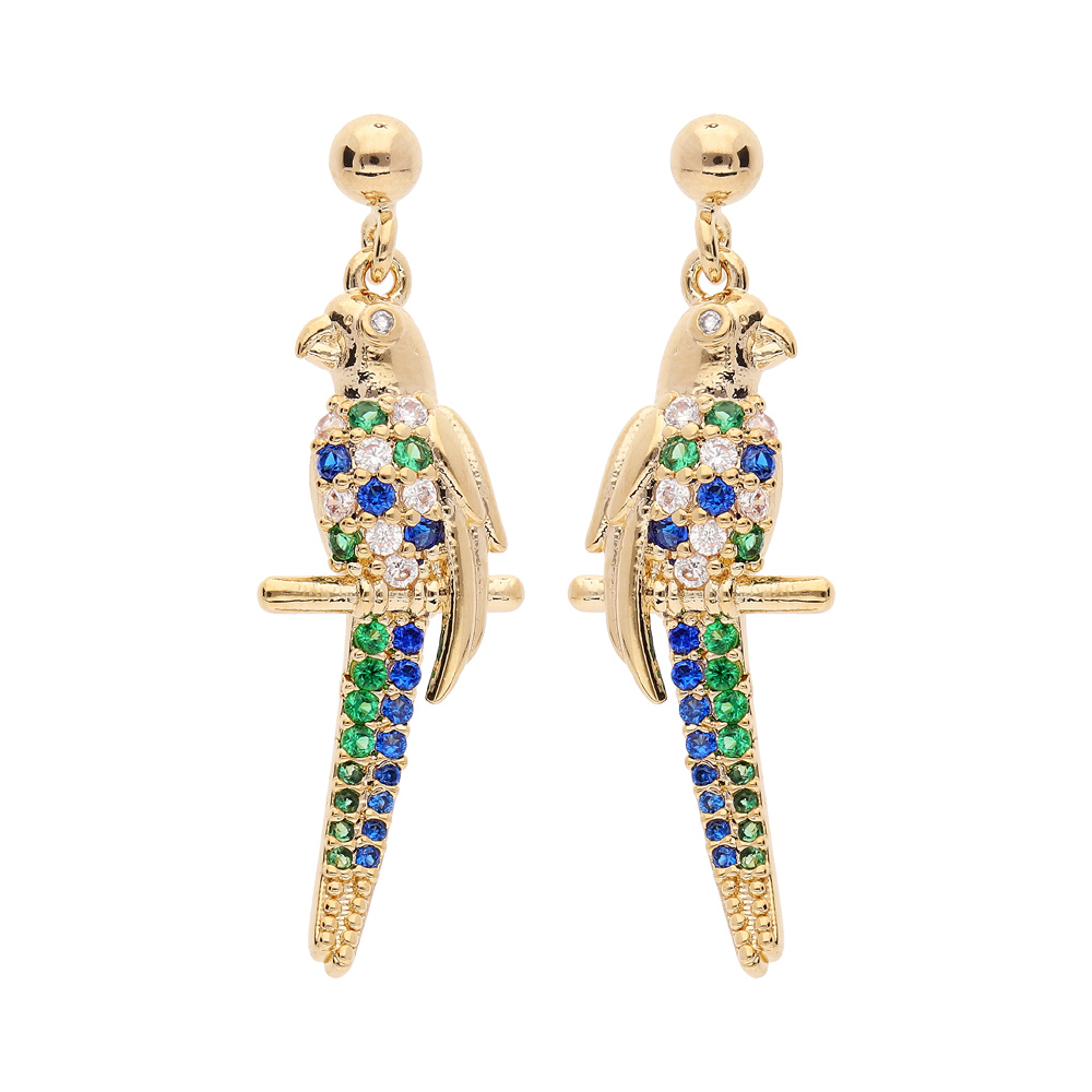 Boucles d\'oreille pendantes en plaqu� or perroquet empierr� et fermoir poussette - Vue 1