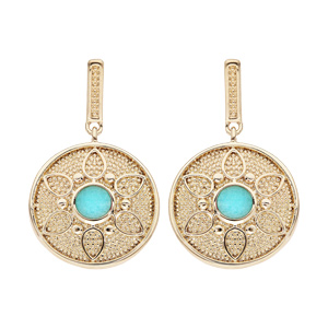 Boucles d\'oreille pendantes en plaqu or rond suspendu avec motif fleur et pierre couleur turquoise et fermoir poussette - Vue 1