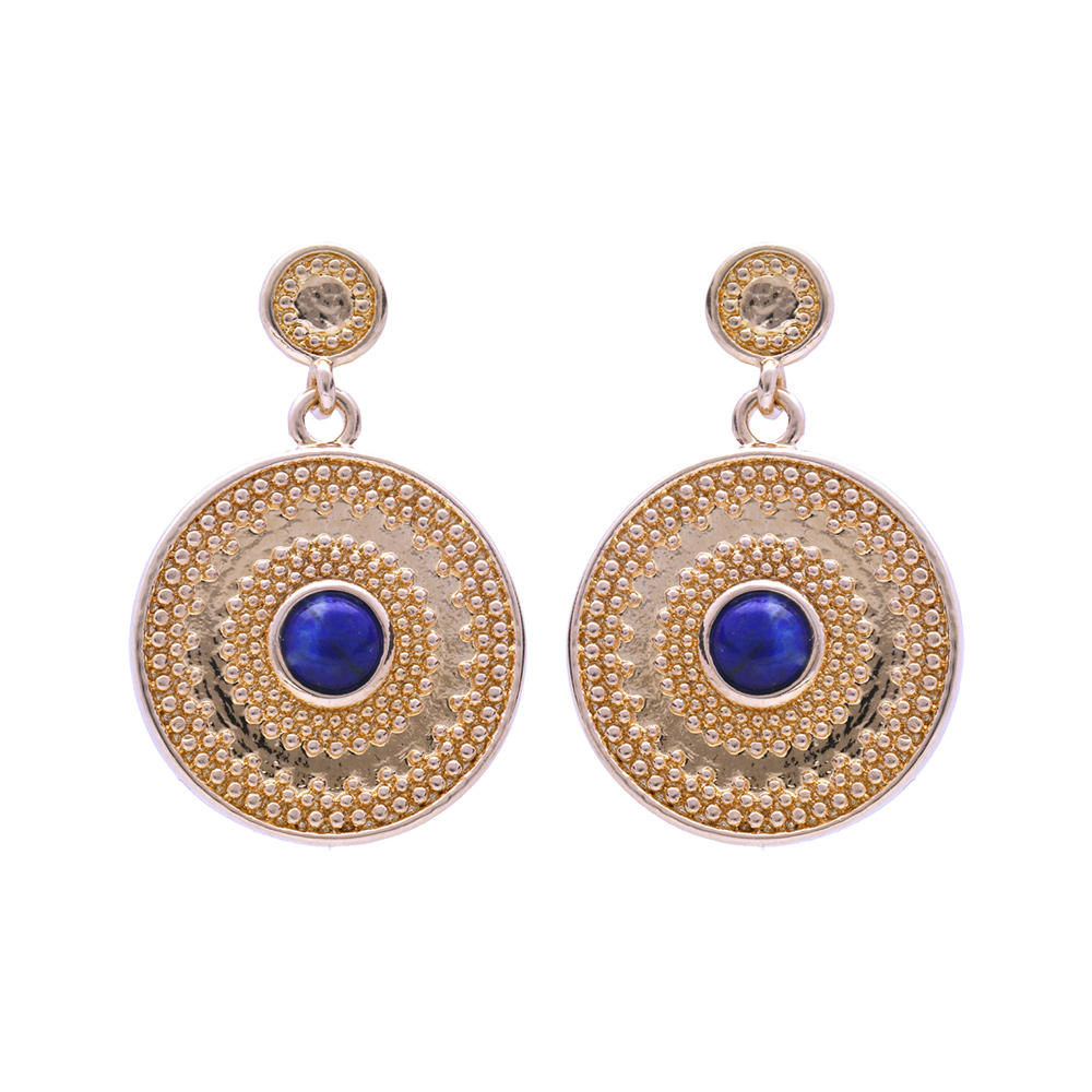 Boucles d\'oreille pendantes en plaqu� or rond suspendu forme g�om�trique avec Lapis Lazuli v�ritable et fermoir poussette - Vue 1