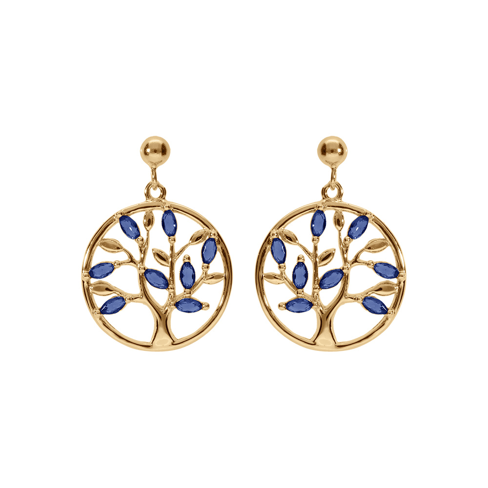 Boucles d\'oreille pendantes en vermeil cercle arbre de vie avec oxydes bleus - Vue 1
