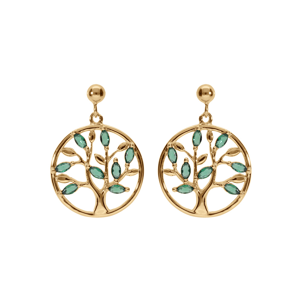 Boucles d\'oreille pendantes en vermeil cercle arbre de vie avec oxydes verts - Vue 1