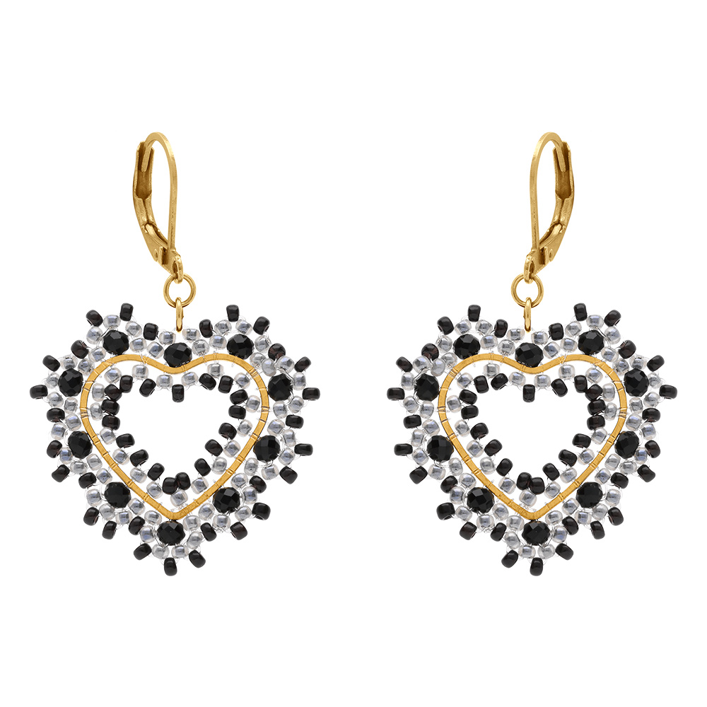 Boucles d\'oreille pendantes forme coeur en acier dor� perles noires, argent�es et dor�es - dormeuse - Vue 1