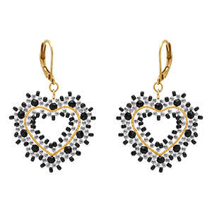 Boucles d'oreille pendantes forme coeur en acier dor� perles noires, argent�es et dor�es - dormeuse