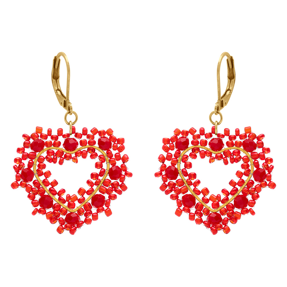 Boucles d\'oreille pendantes forme coeur en acier dor� perles rouges et dor�es - dormeuse - Vue 1