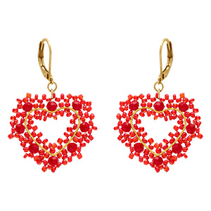 Boucles d'oreille pendantes forme coeur en acier dor� perles rouges et dor�es - dormeuse