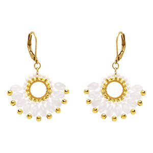 Boucles d'oreille pendantes forme �ventail  vert et dor� en acier dor� - dormeuse