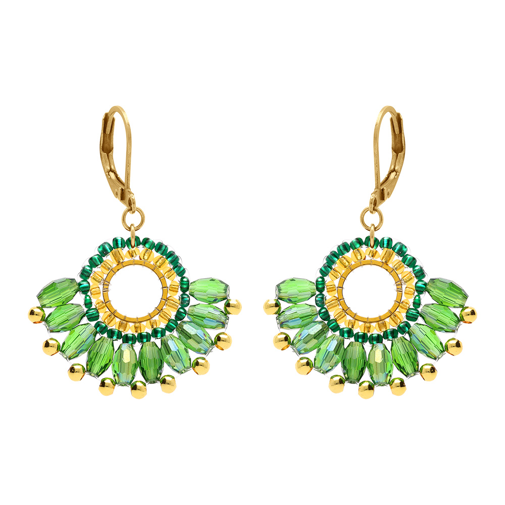 Boucles d\'oreille pendantes forme �ventail vert et dor�e en acier dor� - dormeuse - Vue 1