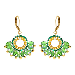 Boucles d'oreille pendantes forme �ventail vert et dor�e en acier dor� - dormeuse
