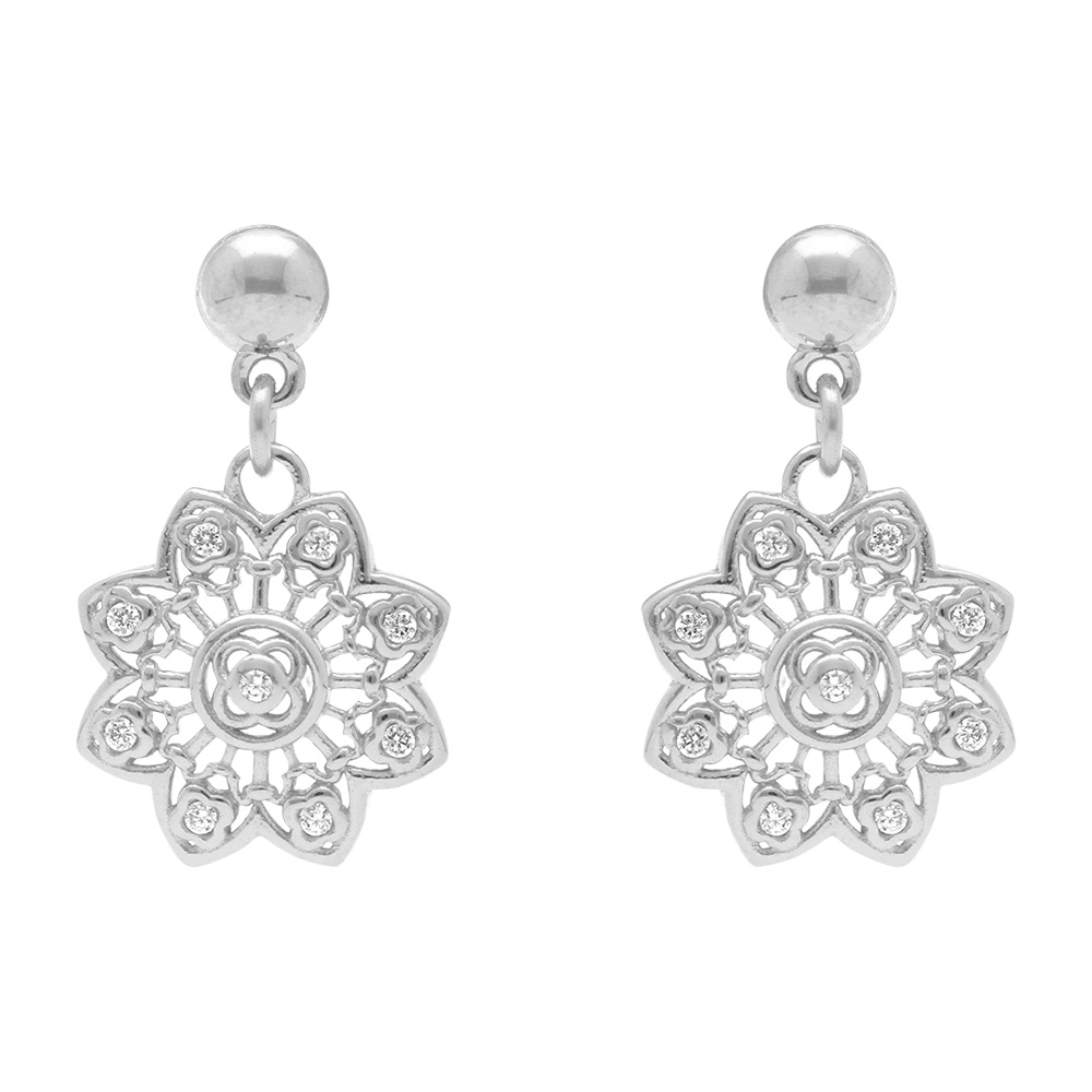Boucles d\'oreille pendantes tige argent rhodi� forme fleur filigrane avec oxydes blancs sertis - Vue 1