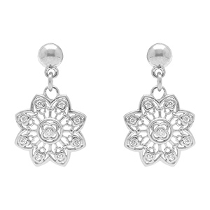 Boucles d'oreille pendantes tige argent rhodi� forme fleur filigrane avec oxydes blancs sertis