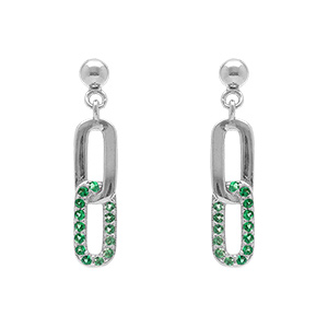 Boucles d'oreille pendantes tige en argent rhodi�  compos�es de deux  rectangles entrelac�s un lisse et un par� d'oxydes verts sertis