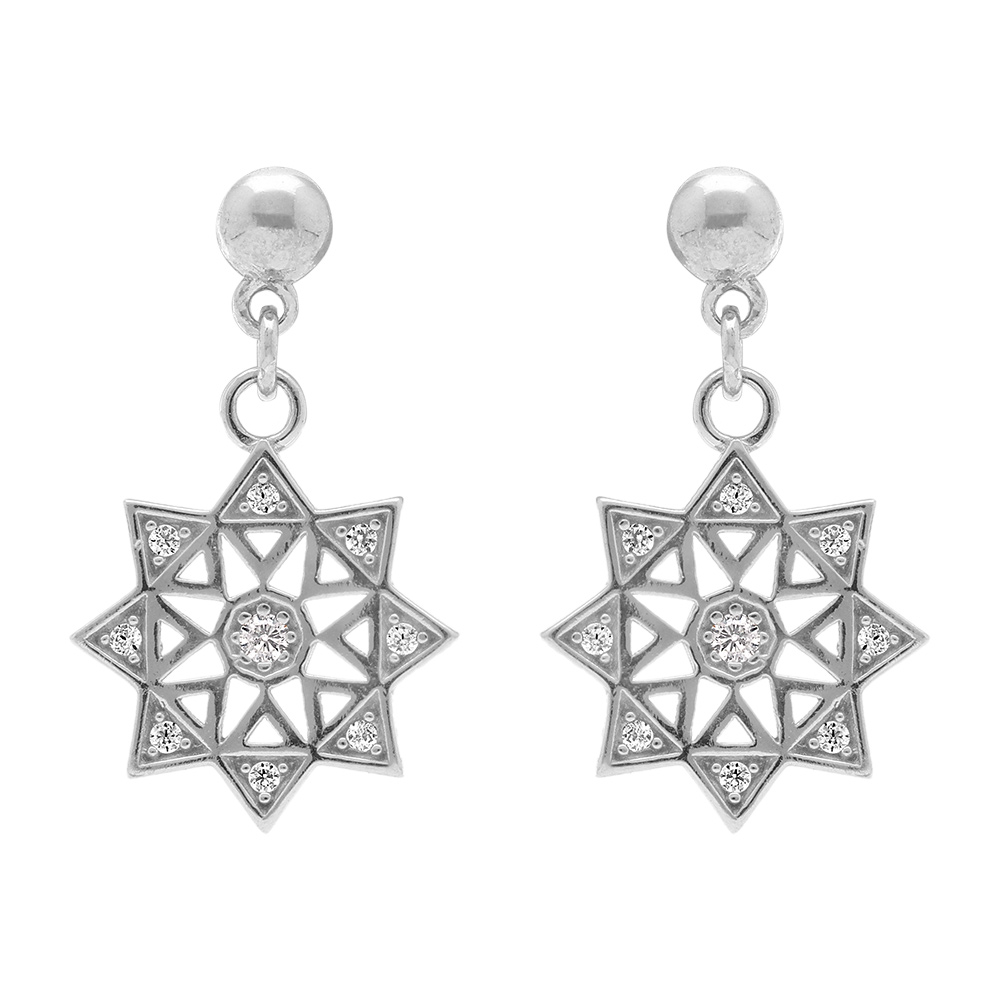 Boucles d\'oreille pendantes tige en argent rhodi�  en forme d\' etoile orn�es d\'oxydes blancs sertis - Vue 1