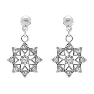 Boucles d'oreille pendantes tige en argent rhodi�  en forme d' etoile orn�es d'oxydes blancs sertis
