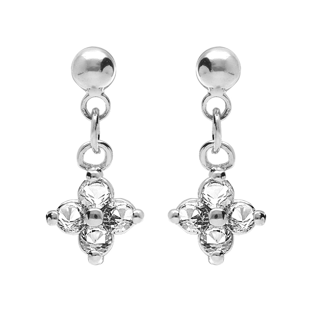 Boucles d\'oreille pendantes tige en argent rhodi� motif fleur d\'oxydes blancs - Vue 1