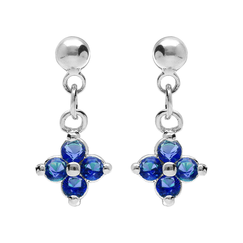 Boucles d\'oreille pendantes tige en argent rhodi� motif fleur d\'oxydes bleus - Vue 1