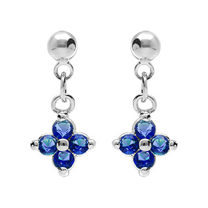 Boucles d'oreille pendantes tige en argent rhodi� motif fleur d'oxydes bleus