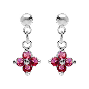 Boucles d'oreille pendantes tige en argent rhodi� motif fleur d'oxydes rouges