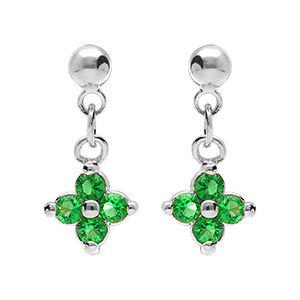 Boucles d'oreille pendantes tige en argent rhodi� motif fleur d'oxydes verts