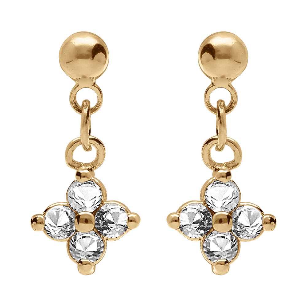 Boucles d\'oreille pendantes tige en plaqu� or avec fleur d\'oxydes blancs - Vue 1