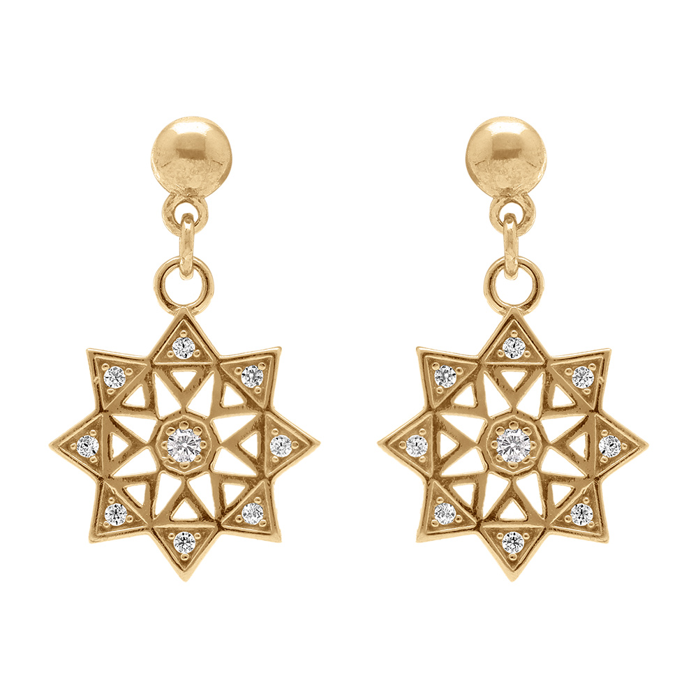 Boucles d\'oreille pendantes  tige en plaqu� or forme �toile avec oxydes blancs sertis - Vue 1