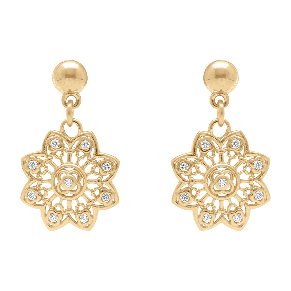Boucles d\'oreille pendantes tige en plaqu� or forme fleur filigrane avec oxydes blancs sertis - Vue 1