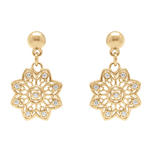 Boucles d'oreille pendantes tige en plaqu� or forme fleur filigrane avec oxydes blancs sertis