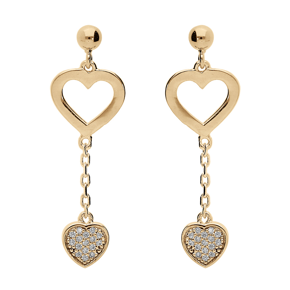 Boucles d\'oreille pendantes  tige en vermeil double co eur avec  oxydes blancs sertis - Vue 1
