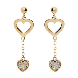 Boucles d'oreille pendantes  tige en vermeil double co eur avec  oxydes blancs sertis
