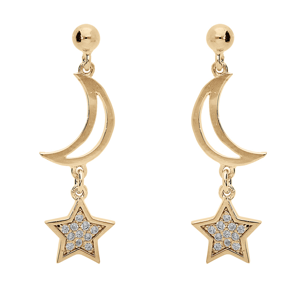 Boucles d\'oreille pendantes tige en vermeil motif lune et etoile avec oxydes blancs sertis - Vue 1