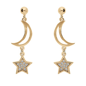 Boucles d'oreille pendantes tige en vermeil motif lune et etoile avec oxydes blancs sertis