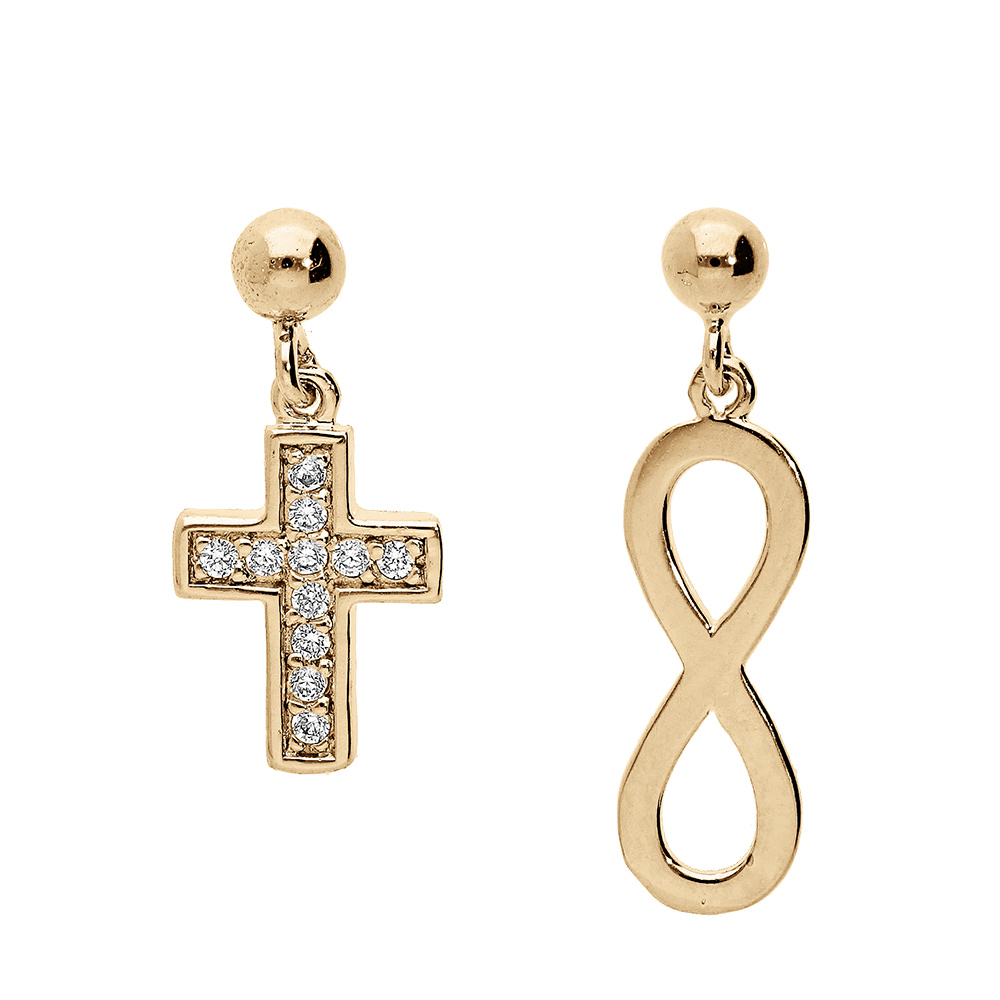Boucles d\'oreille pendantes tige en vermeil symbole infini et croix avec oxydes blancs sertis - Vue 1