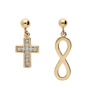 Boucles d'oreille pendantes tige en vermeil symbole infini et croix avec oxydes blancs sertis