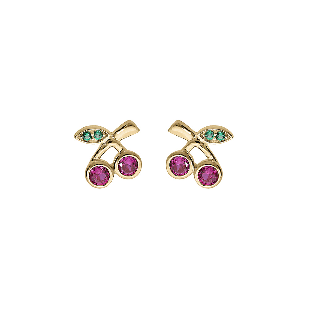 Boucles d\'oreille plaqu� or cerise oxydes rouge et vert - Vue 1
