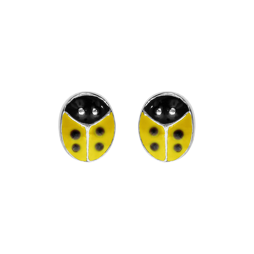 Boucles d\'oreille pour enfant en argent coccinelle jaune et point noir fermoir poussette - Vue 1