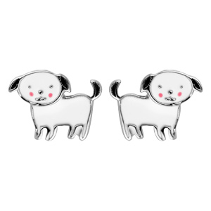 Boucles d\'oreille pour enfant en argent rhodié chien noir et blanc et fermoir poussette - Vue 1