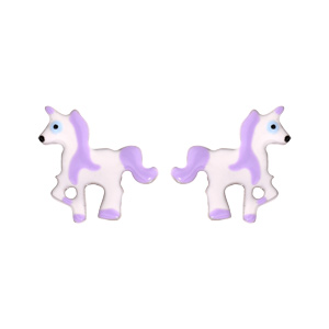 Boucles d\'oreille pour enfant en argent rhodi licorne blanche et violette et fermoir poussette - Vue 1