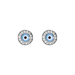 Boucles d\'oreille ronde tige en argent rhodié oeil de la chance avec oxydes blancs sertis - Vue 1