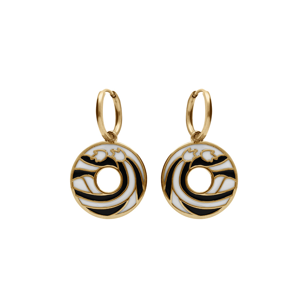 Boucles d\'oreille Stella Mia crochet en acier dor�  anneau suspendu r�sine noire et blanche - Vue 1