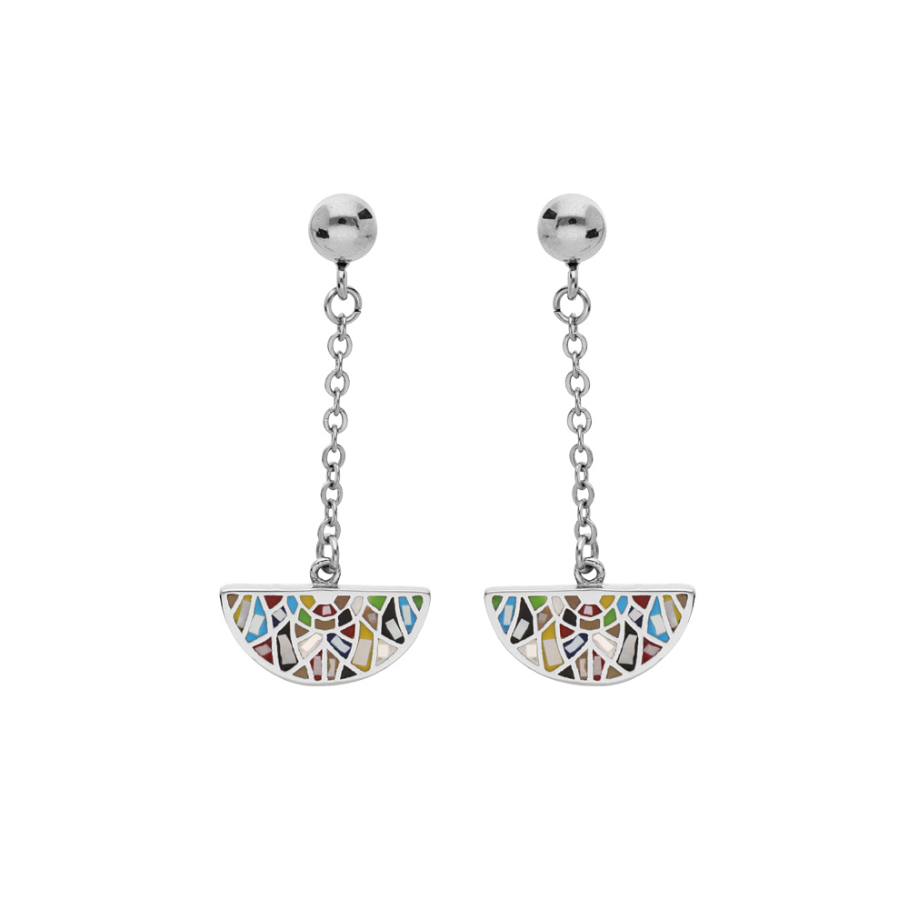Boucles d\'oreille Stella Mia en acier cha�nette avec motifs multi couleur et Nacre et fermoir poussette - Vue 1