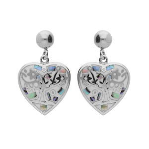 Boucles d\'oreille Stella Mia en acier coeur suspendu avec motif arbre de vie couleur et nacre - fermoir poussette - Vue 1