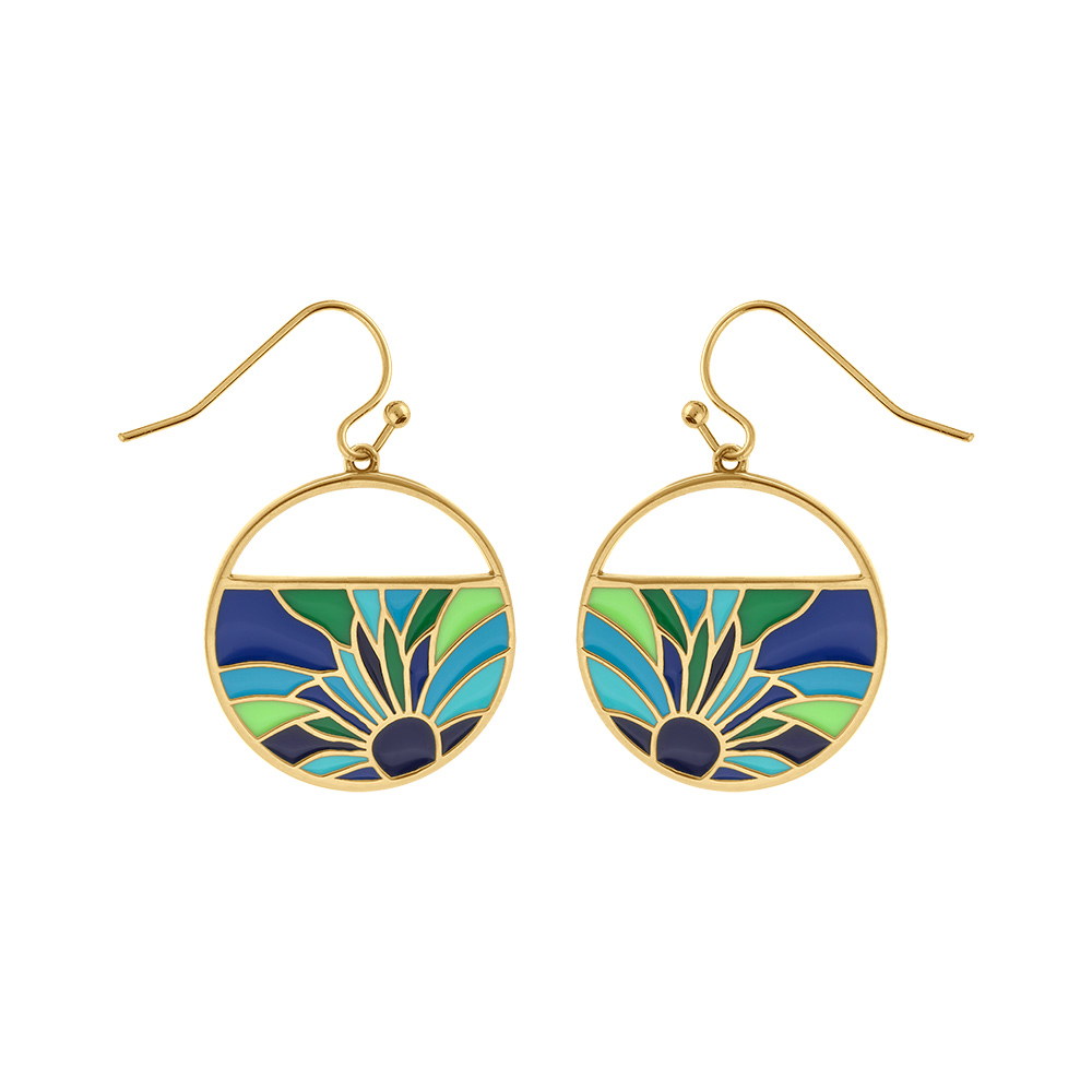 Boucles d\'oreille Stella Mia en acier dor� jaune motif r�sine bleu et verte - Vue 1