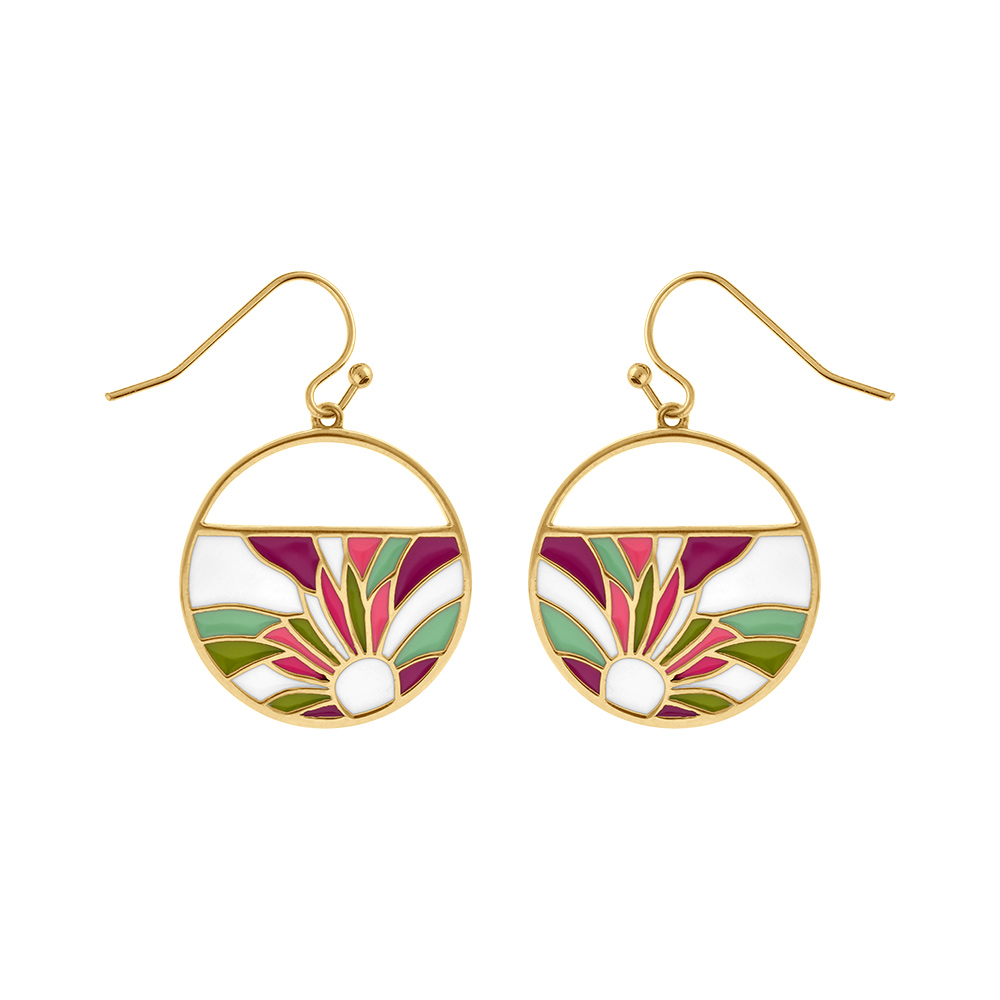 Boucles d\'oreille Stella Mia en acier dor� jaune motif  r�sine fond blanc et fleur rose et violet - Vue 1