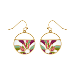 Boucles d\'oreille Stella Mia en acier doré jaune motif résine fond blanc et fleur rose et violet - Vue 1