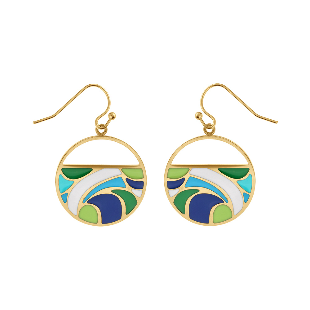 Boucles d\'oreille Stella Mia en acier dor� jaune motif r�sine verte et bleue - Vue 1